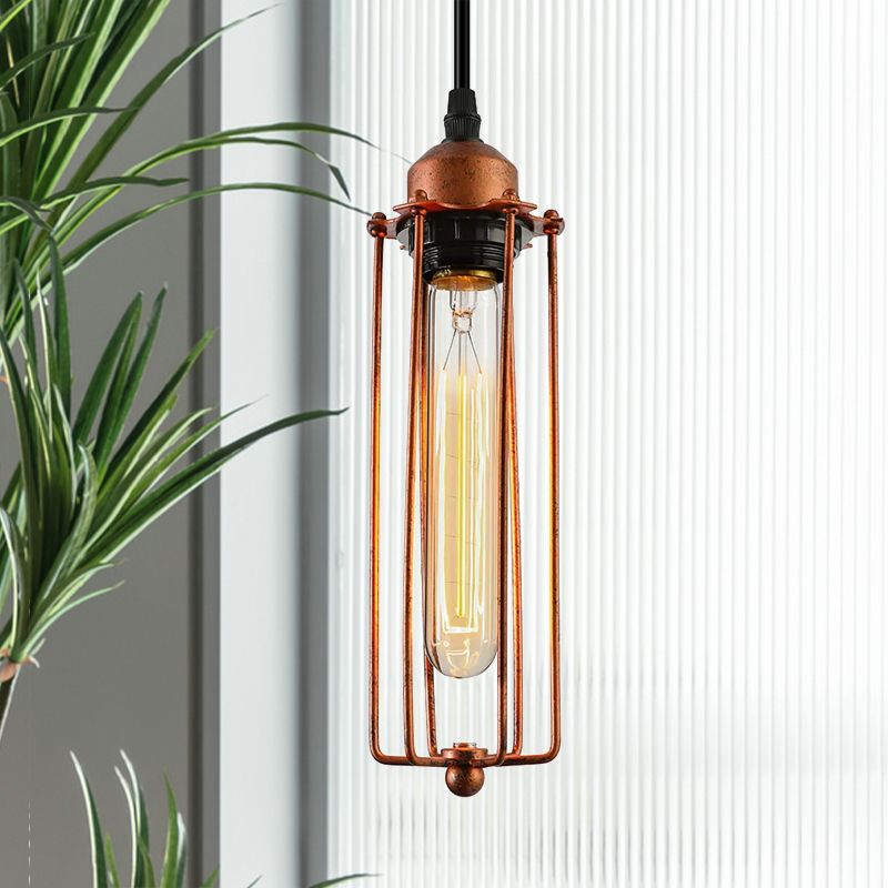Dark Rust Tube Pendant Lighting Vintage Style Metallic 1 Bulb Kitchen Hanging Lamp with Wire Guard