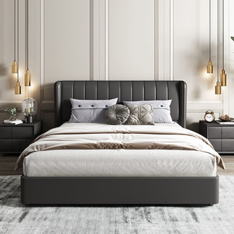 Contemporary Genuine Leather Wingback Upholstered Headboard Wingback Bed