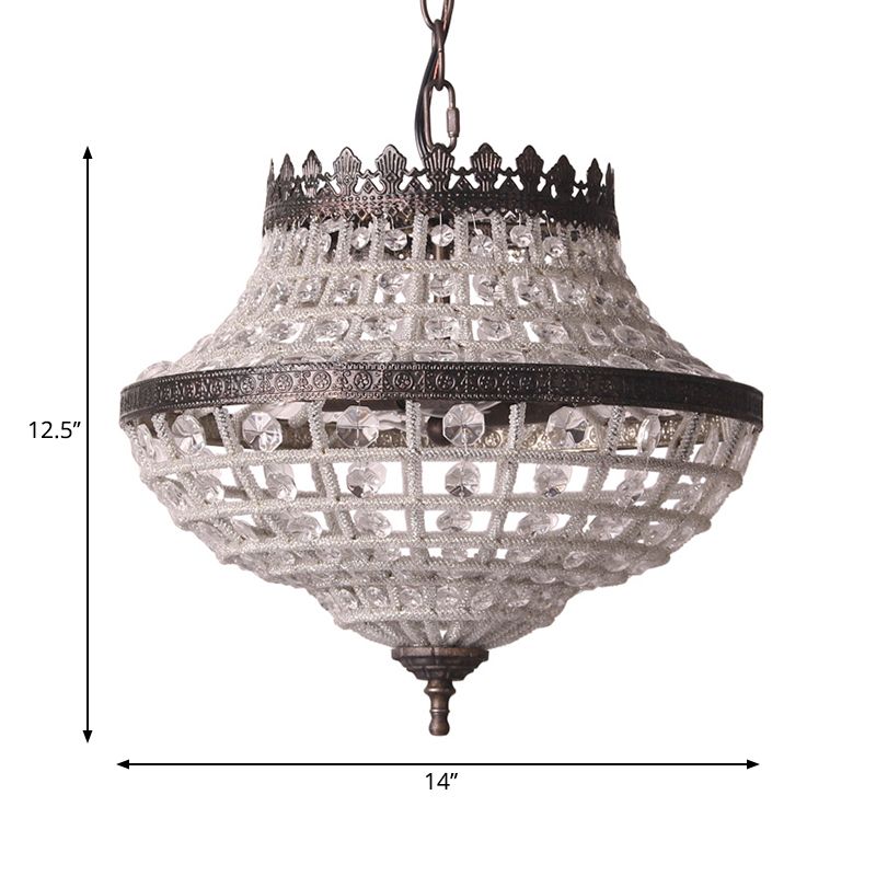 2 Lights Urn Hanging Ceiling Light Vintage Clear Crystal Pendant Lamp in Antique Bronze for Bedroom
