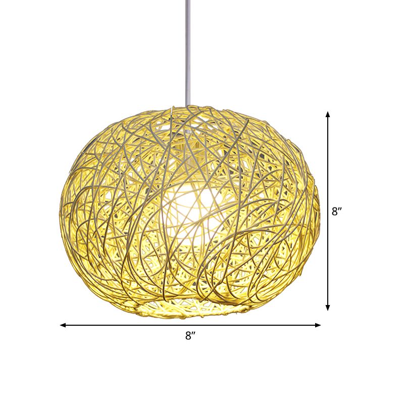 Spherical Pendant Lighting Asian Bamboo 1 Head Beige Ceiling Suspension Lamp, 8"/12"/14" Wide