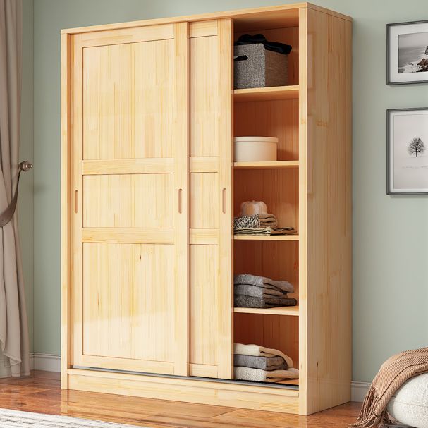 Natural Pine Solid Wood Wardrobe Freestanding Wardrobe with Sliding Doors