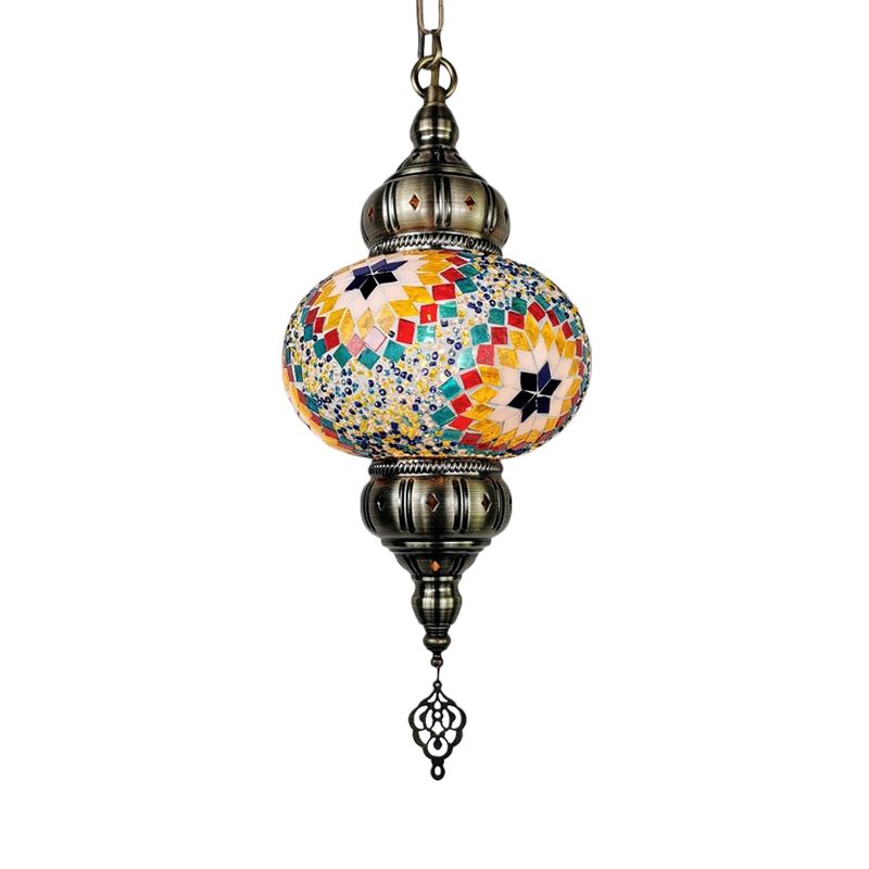 Stained Glass Oval Hanging Light Kit Traditional 1 Head Bedroom Pendant Lighting in White/Red/Orange