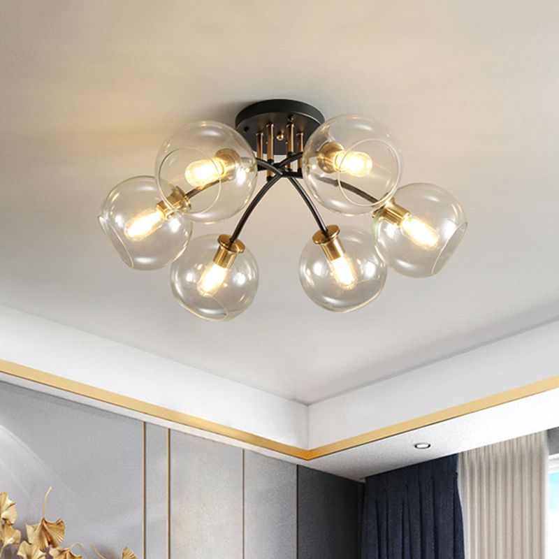 6 Heads Hotel Semi Flush Mount Vintage Black Ceiling Lighting with Orb Smoke/Clear Glass Shade