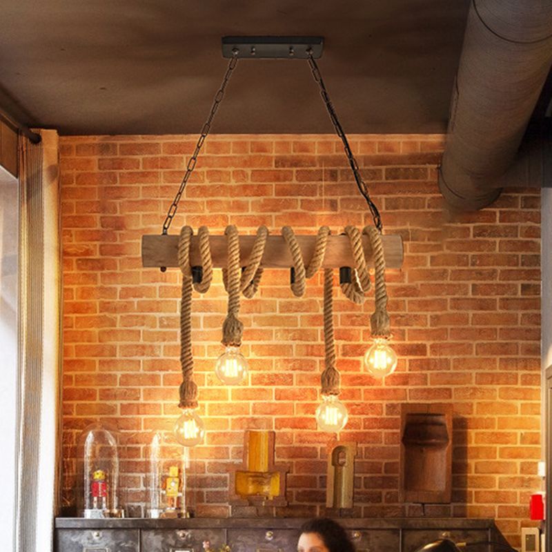 4-Head Open Bulb Island Lighting Fixture Rural Wood Hand-Wrapped Rope Suspension Light