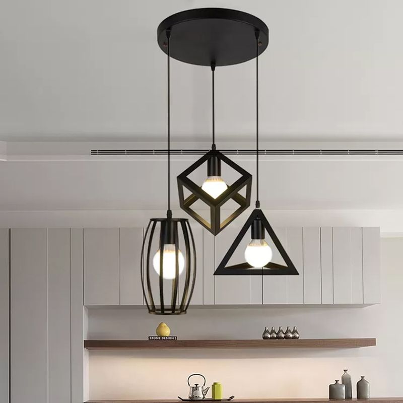 3 cabezas de iluminación colgante con diferentes tono de jaula metal retro lámpara colgante de cocina en negro, redondo/lineal