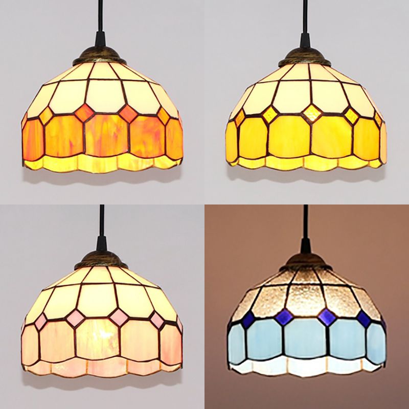 Hemisphere Pendant Light 1 Bulb Pink/Blue/Orange Stained Glass Tiffany-Style Ceiling Suspension Lamp