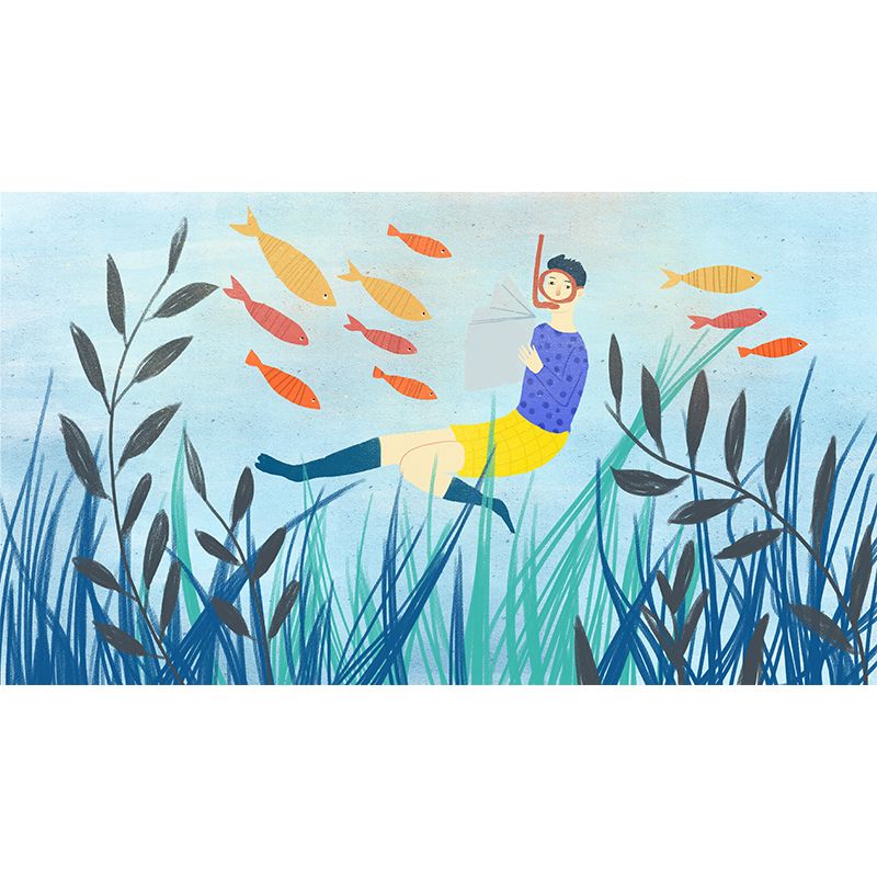 Blue Reading Undersea Mural Decal Moisture Resistant Wall Art for Childrens Bedroom