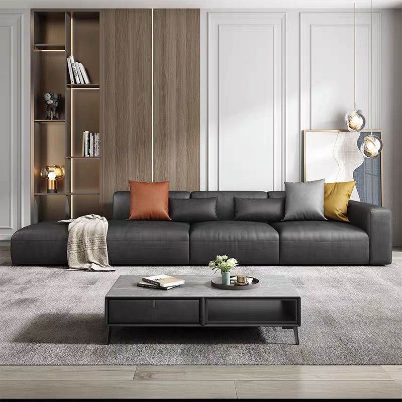 Contemporary Black Leather Sofa Tight Back Settee for Bonus Room