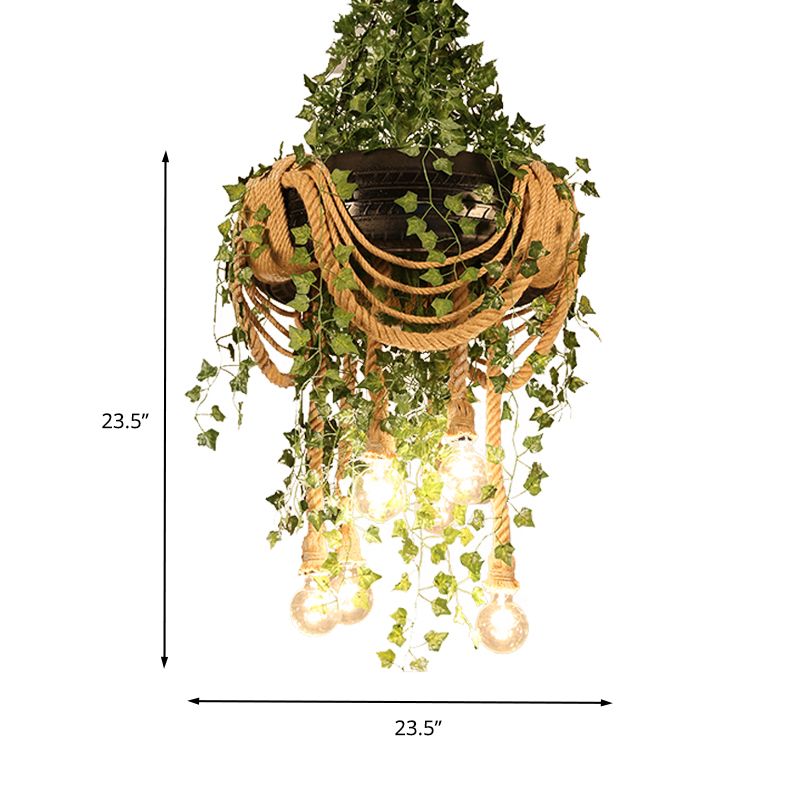 Black Bare Bulb Chandelier Light Vintage Hemp Rope 6 Lights Restaurant Plant Drop Lamp