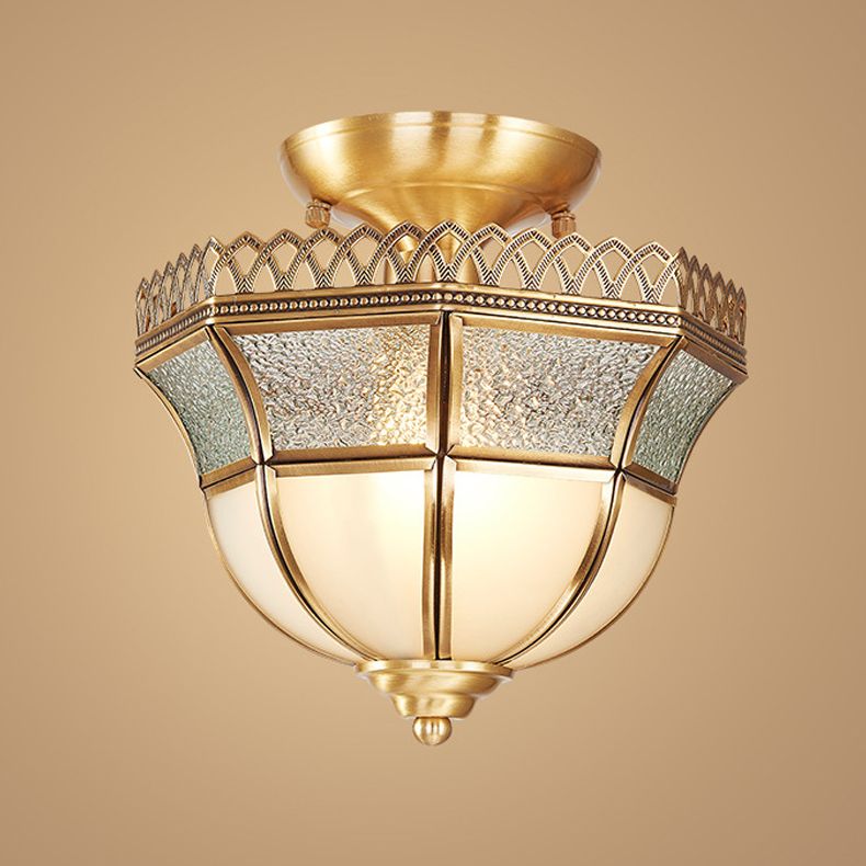 Schoolhouse Aisle Close to Ceiling Lighting Vintage Glass Brass Semi Flush Light