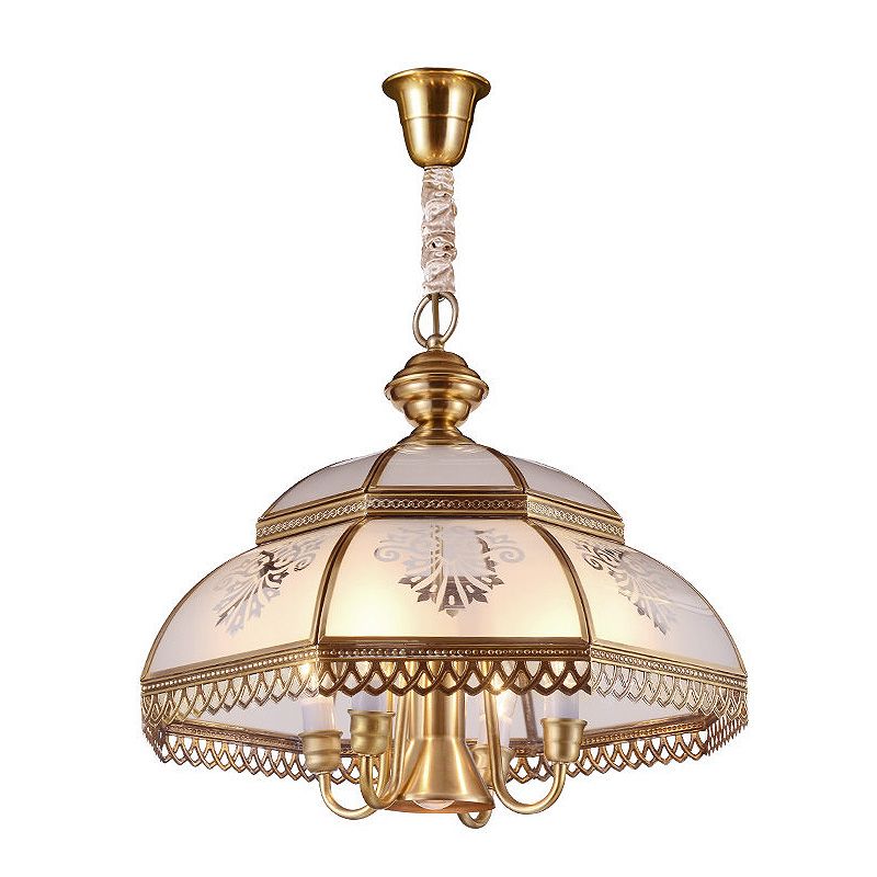 Gold 7 Heads Chandelier Lighting Colonialism Mouth Blown Opaline Glass Dome Pendant Ceiling Light for Dining Room