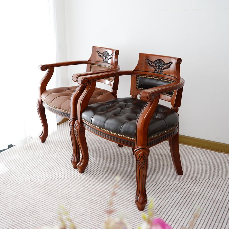 Rustic Style Dining Chair Leather Solid Wood Arm Chair for Home