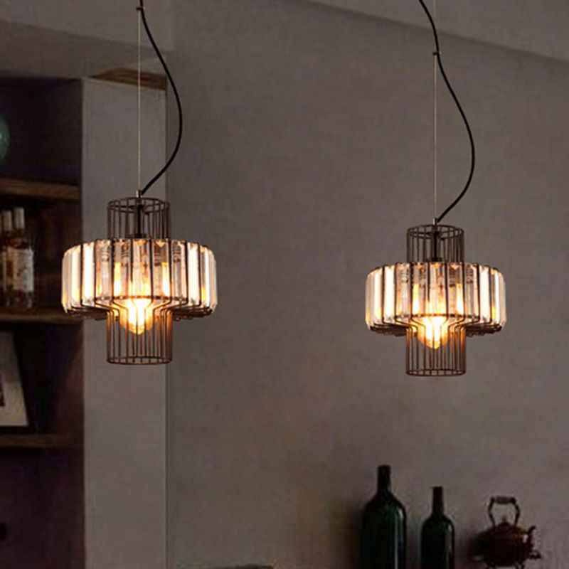 10 "/12.5" brede minimalistische lantaarn kristalblokverhangverlichting 1 kop plafond hanger in zwart met metalen kooi