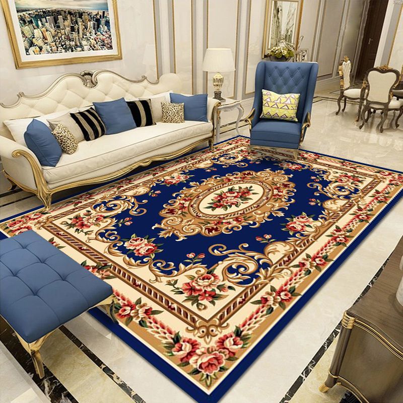 Navy Luxury Carpet Polyester Flower Carpet Non-Slip Backing Carpet for Home Decor