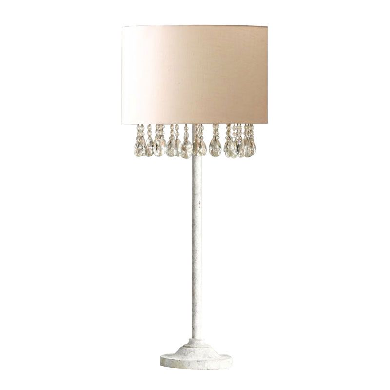 Fabric Drum Table Light Traditional 1��Bulb Bedroom Nightstand Lighting with Crystal Accent in White