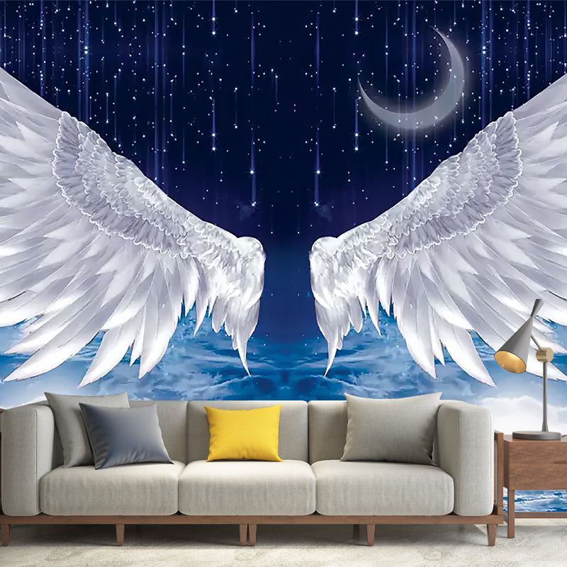 Full Size Wing Mural Wallpaper in White and Blue Non-Woven Fabric Wall Covering for Home Decor, Custom-Made