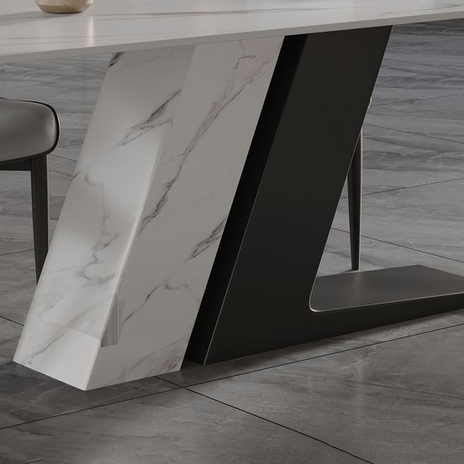 Table à manger rectangulaire en pierre frittée de luxe, blanche, avec base à double piédestal