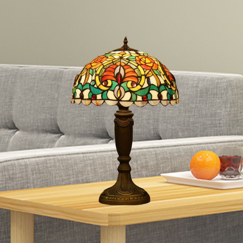 Domed Cut Glass Night Table Light Victorian 1 Light Beige/Orange Floral Patterned Desk Lighting with Blaster