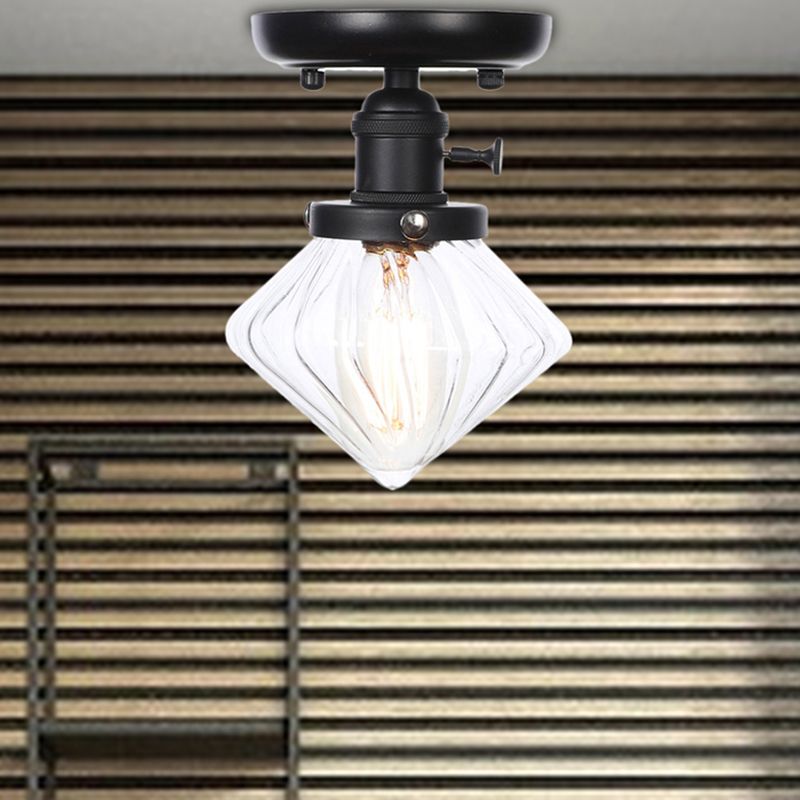 1 Bulb Semi Flush Mount Clear/Amber Glass Industrial Cone/Rhombus/Bell Ceiling Light for Kitchen