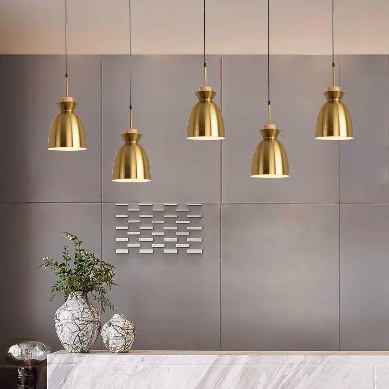 Contemporary Pendant Lights, Brass Metal 1-Light Pendant Light Fixture with Wood Top