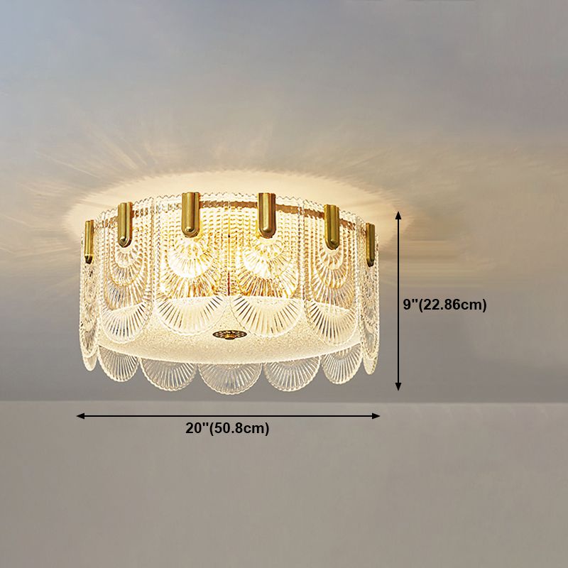 Gold Metal Flush Mount Light Armaturen Traditionele Drum Slaapkamer Flush Plafond Lampen met Glas Shade
