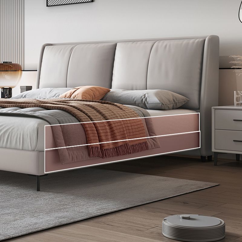 Modern Pine Wood Panel Bed Genuine Leather Bed Frame with Upholstered Headboard