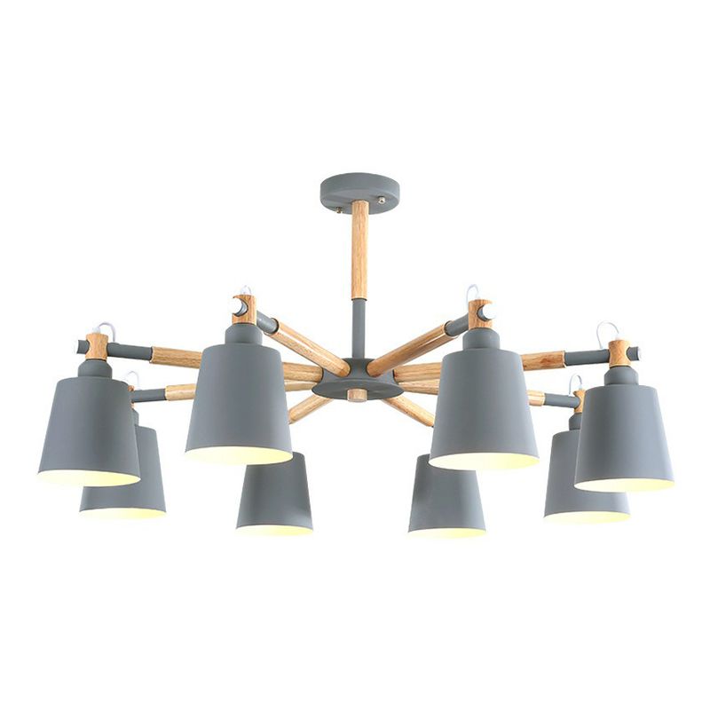Radial Chandelier Lighting Simplistic Wooden 6 Heads Dining Room Pendant Light with Tapered Metallic Shade