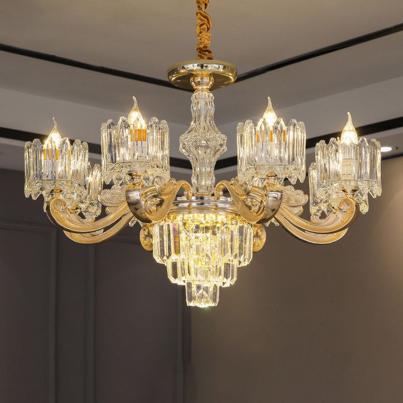 Cylindrical Shaped Living Room Chandelier Light Retro Clear Glass Gold Pendant Light with Layered Crystal Decor