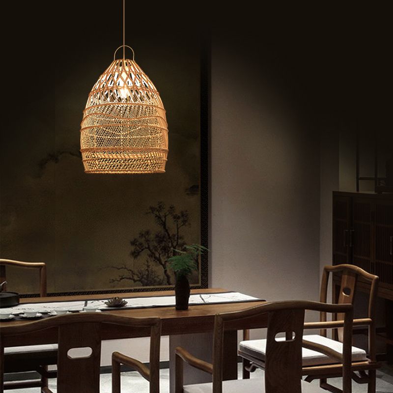 Asian Style Elongated Suspension Lighting Rattan 1 Head Restaurant Pendant Ceiling Light in Wood