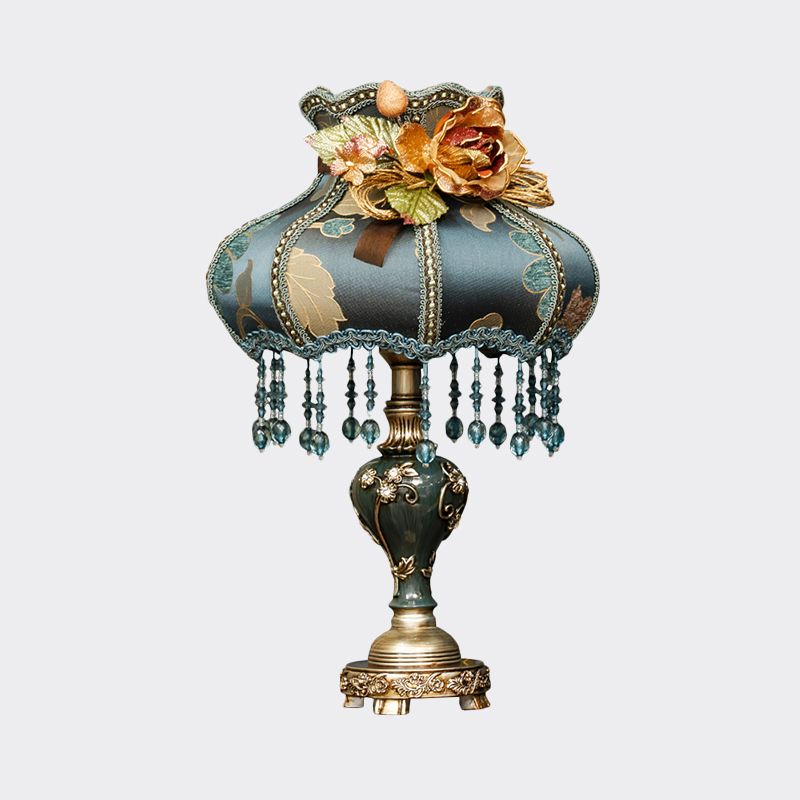 Vintage urn hars nachtlampje 1 lamp tafellamp in donkerblauw met stofschaduw en gesneden ontwerp