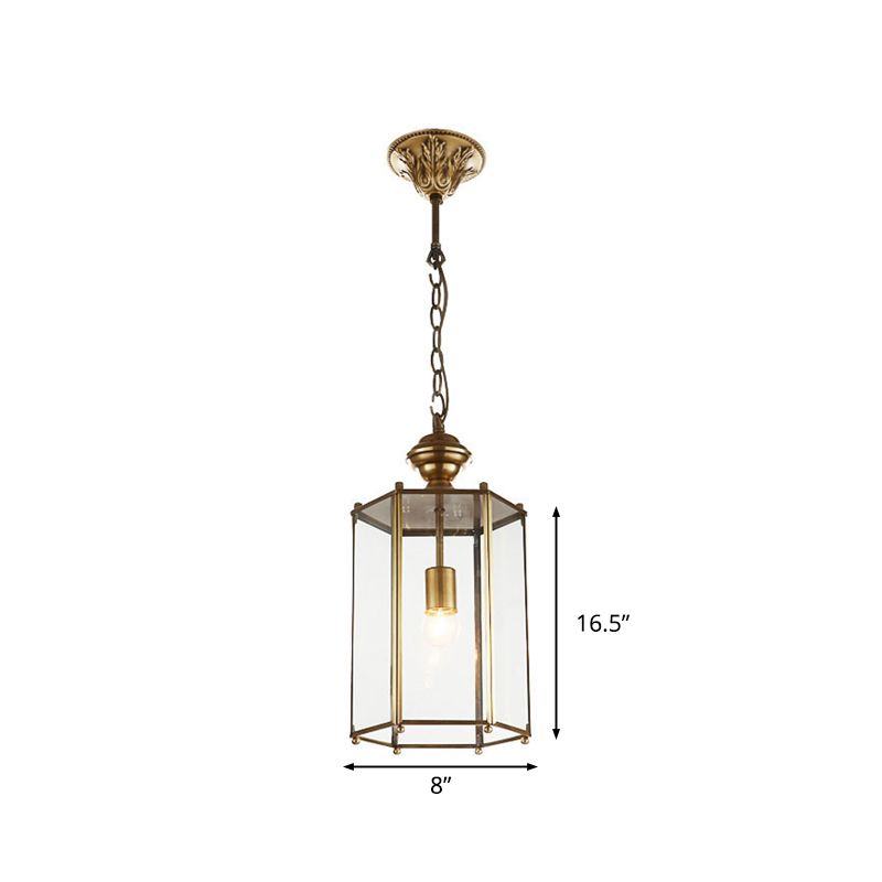 1 Light Lantern Pendant Lighting Fixture Traditional Brass Clear Glass Hanging Ceiling Light