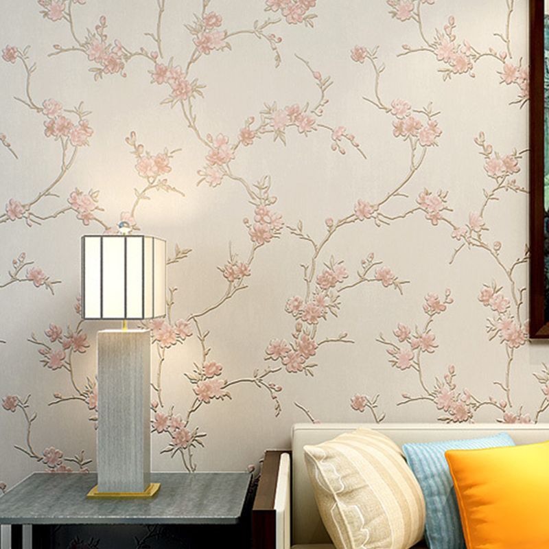 Rust Pastel Color Vinyl Wallpaper Embroidery Plum Blossom Unpasted Wall Decor for Accent Wall