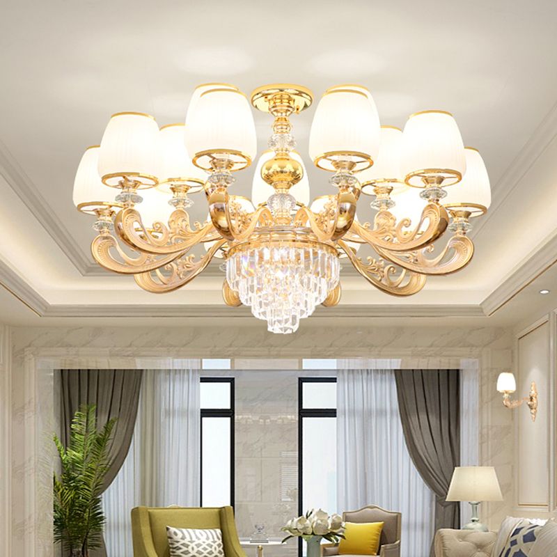 Barrel White Frosted Glass Chandelier Lighting Classic Bedroom Pendant Light with Tiered Crystal Accent