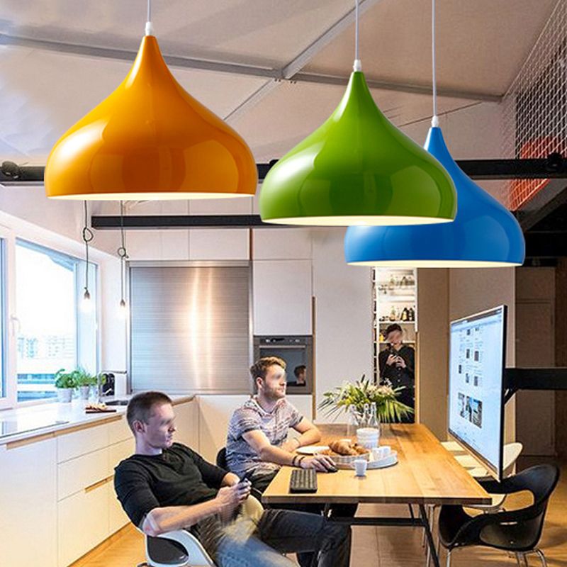 Glossy Finish Aluminum Simplicity Hanging Light 13.7" Wide Nordic Macaroon Style Lighting Pendant in Bedroom