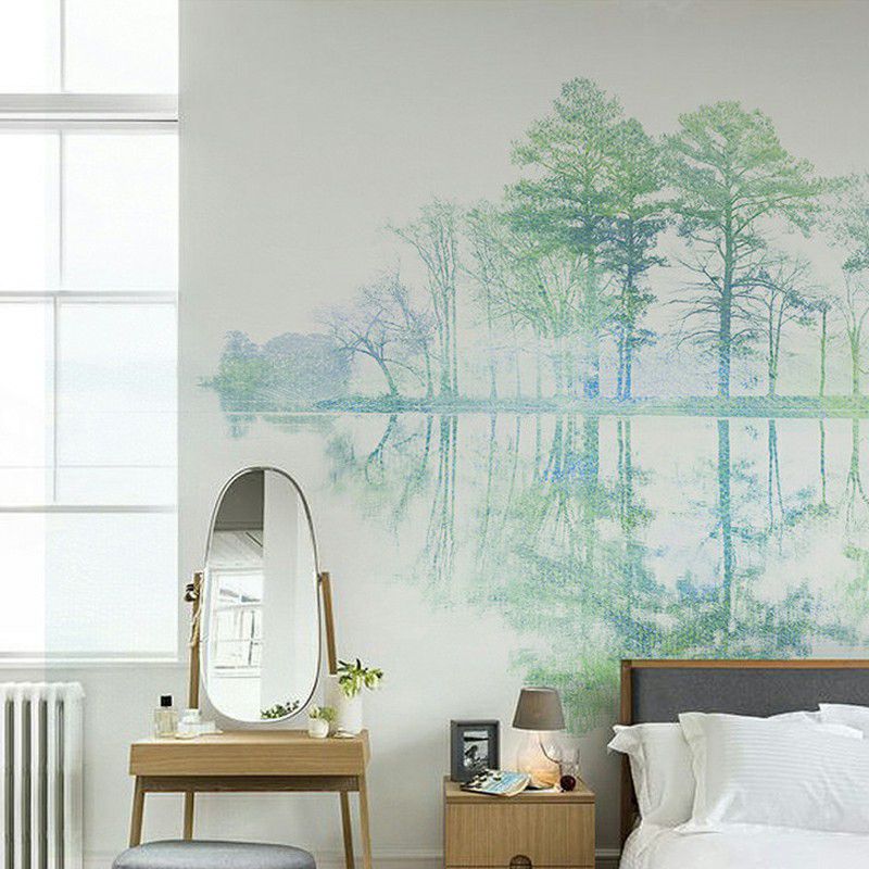 Full Size Birch Tree Wall Mural in Green Non-Woven Wall Art for Home Decor, Made to Measure