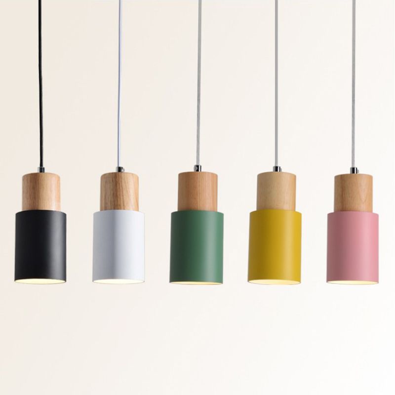 Tubular Bedside Pendant Spotlight Metal 1-Light Minimalist Hanging Lamp with Wooden Top