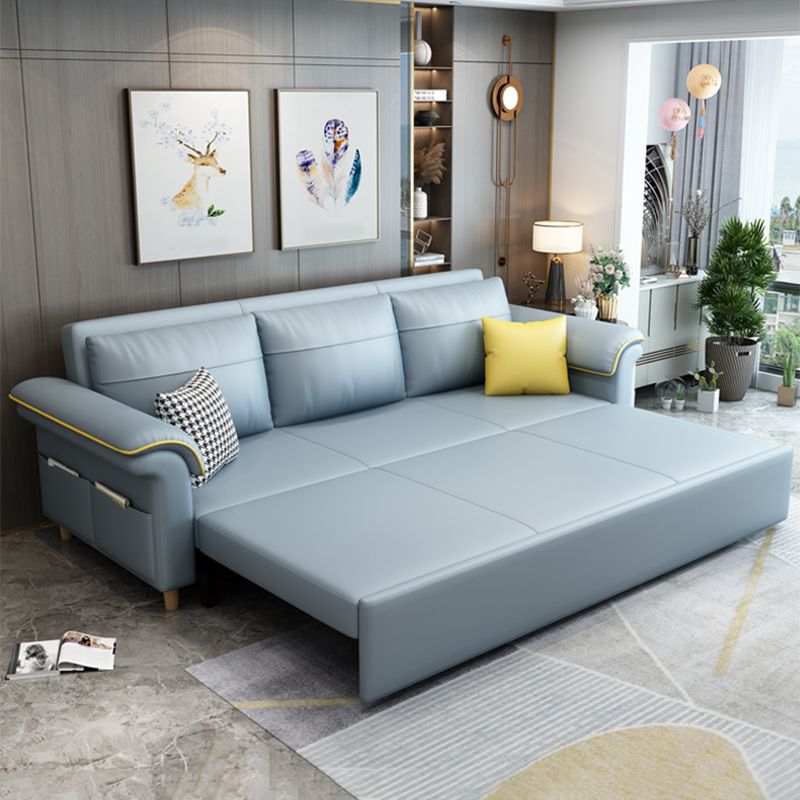 Blue Faux Leather Sleeper Sofa with Storage Scandinavian Sofa Bed
