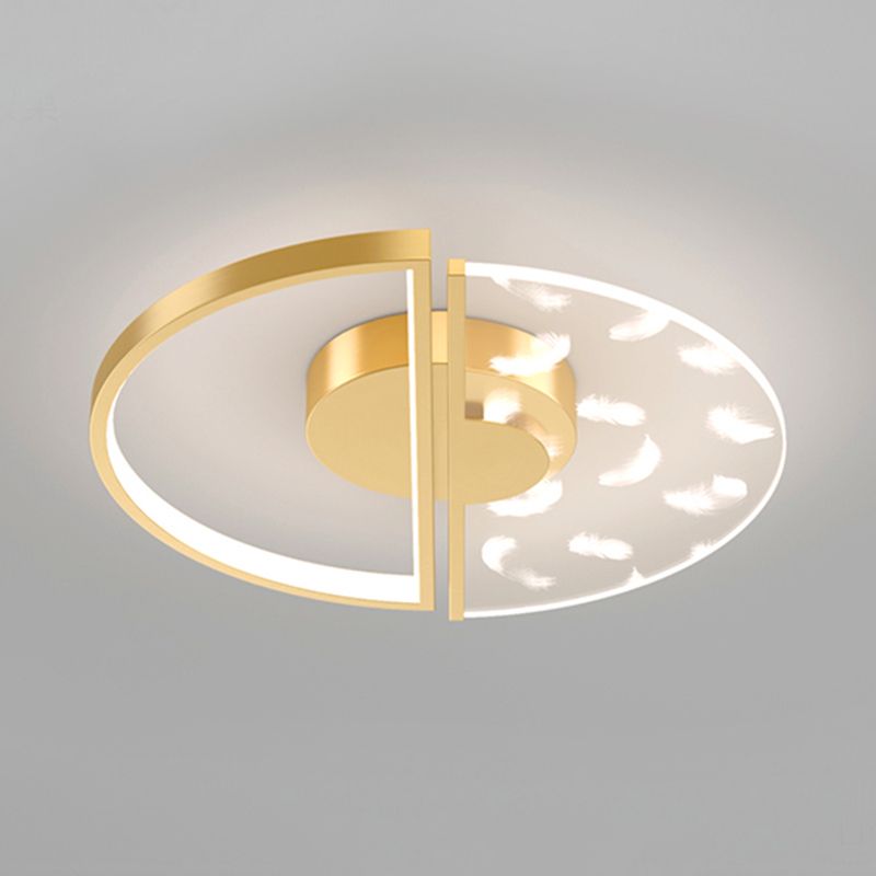 Gold Feather LED Flush Mount in Modern Creative Style Iron Circular Ceiling Light with Acrylic Shade