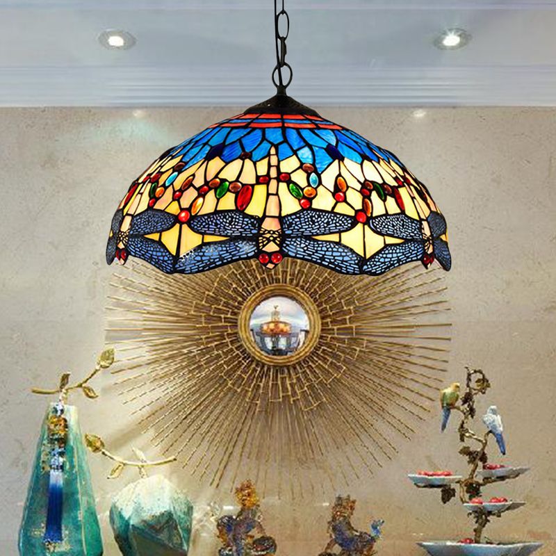 2 Heads Dragonfly Pendant Lighting Tiffany Yellow-Blue Stained Glass Hanging Ceiling Light for Living Room