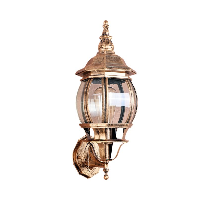 1 Bulb Wall Light Fixture Country Outdoor Wall Lighting Ideas with Global Clear Glass Shade in Brass