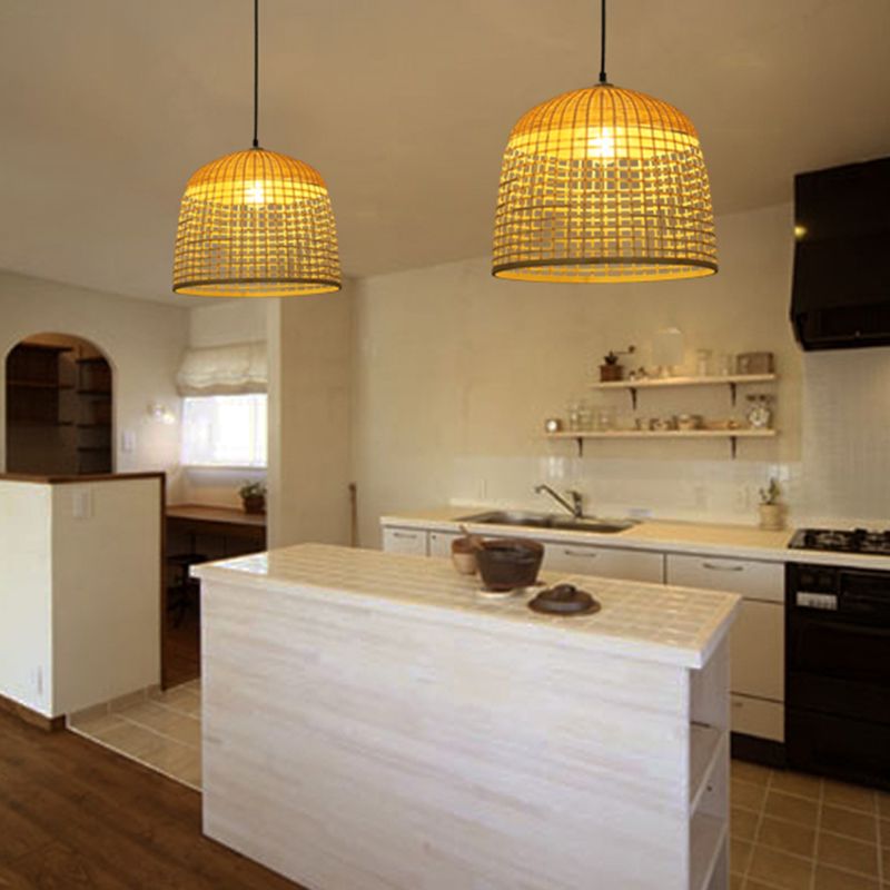 16 "/19.5" de ancho en forma de beige con forma de cúpula de techo de techo de asia 1 lámpara de colgante de bambú de luz