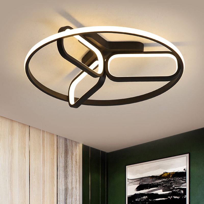 Modernist LED Ceiling Lamp Black/White/Gold Oval and Circle Flush Mount Lighting with Metallic Shade in Warm/White Light