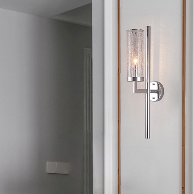 Armed Wall Lamp Modern Metal 1 Head Chrome Sconce Light Fixture with Crackle Glass Shade