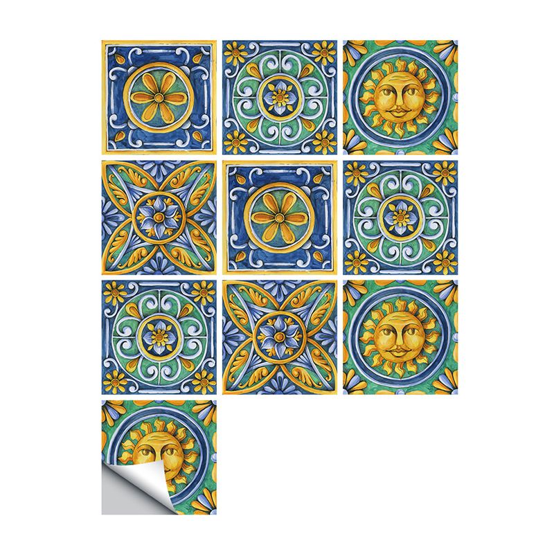 Boho Egyptian Tribal Pattern Wallpapers Green Sun and Flower Self-Sticking Wall Decor, 10 Pieces