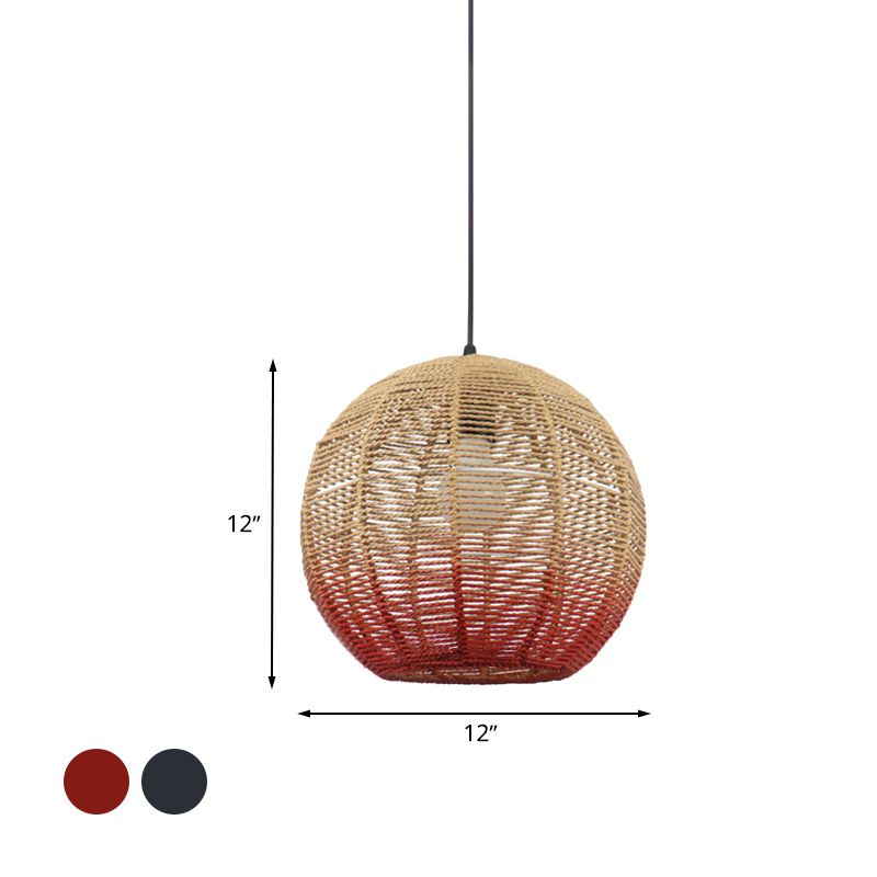 Globe/Elliptical/Barrel/Dome Pendant Lamp Chinese Straw Rope 1 Bulb Red/Blue Hanging Light for Bedroom Restaurant