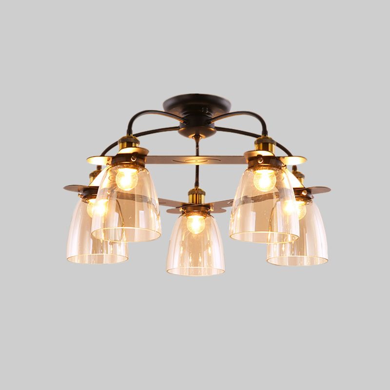 Dome Shade Restaurant Semi Flush Cognac Glass 5 Bulbs Mid Century Style Ceiling Mount Chandelier in Black