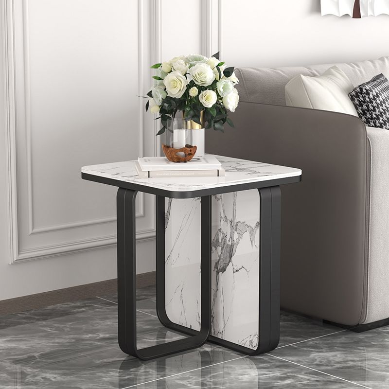 Modern Rectangular Stone Side End Table with Metal Abstract Leg
