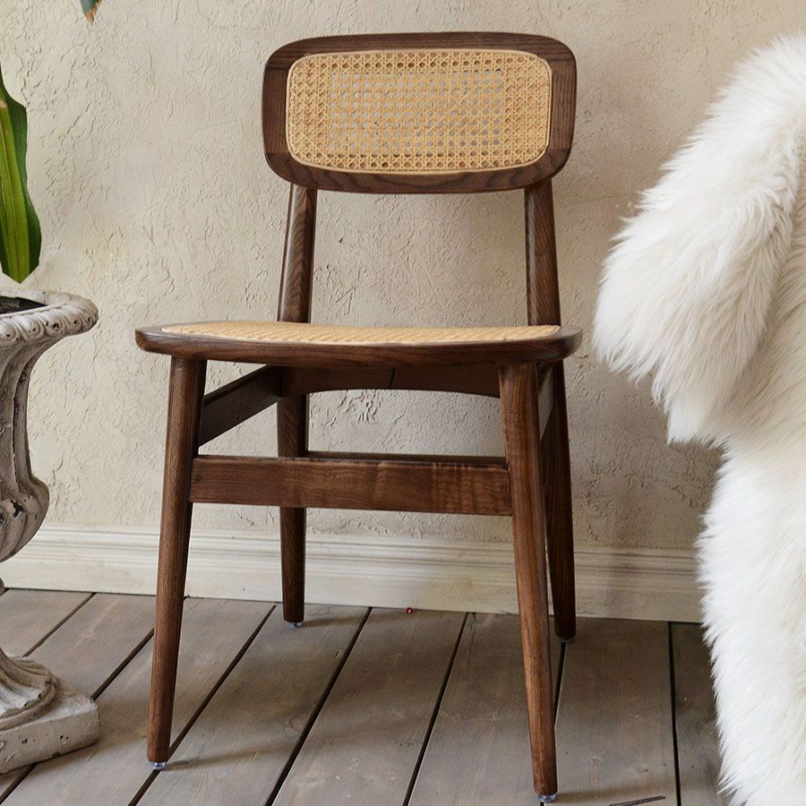 Sillas de comedor sin brazos para interiores, sillas laterales de ratán con patas de madera (juego de 2)