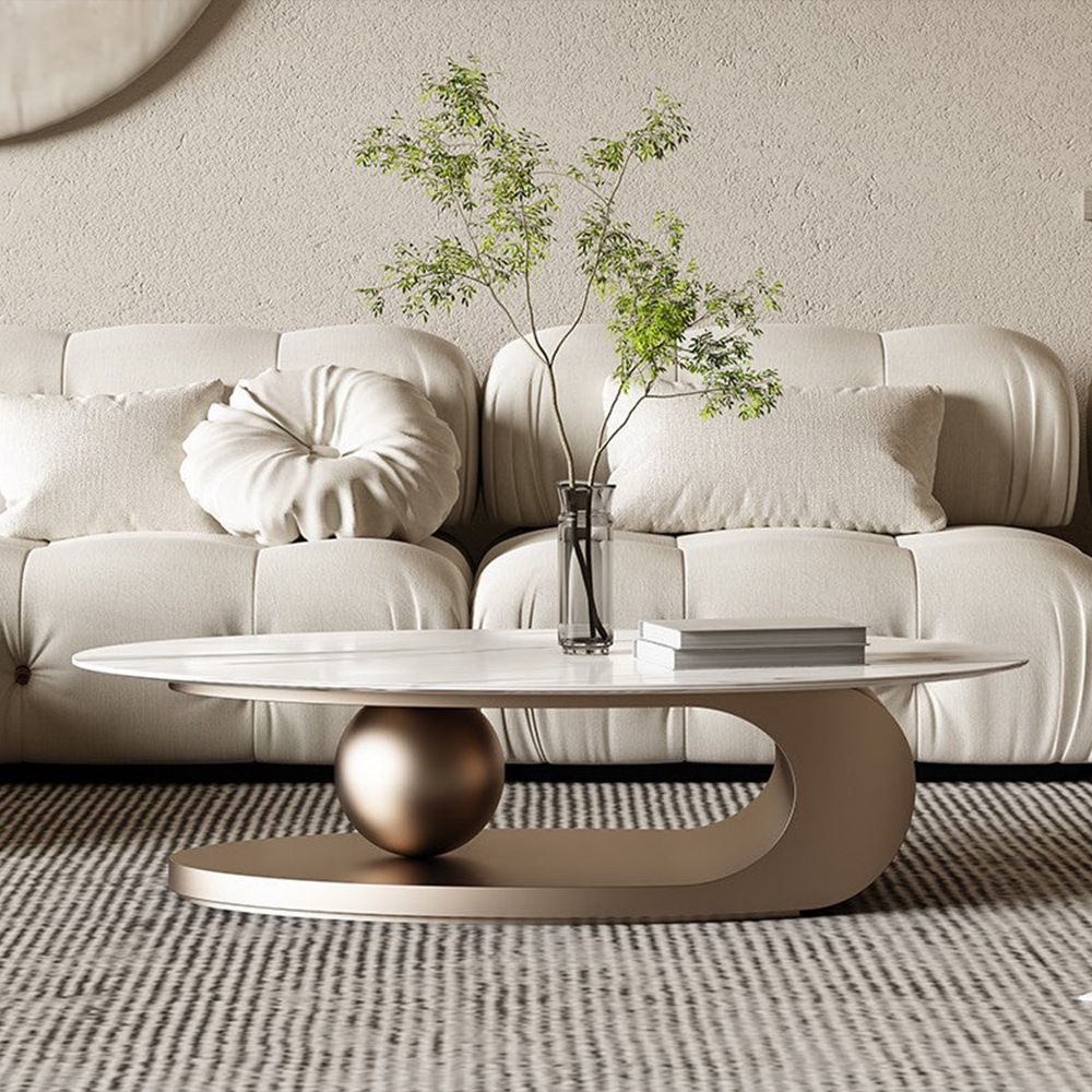 Glam Slate Pedestal Coffee Table Oval White Coffee Table Set