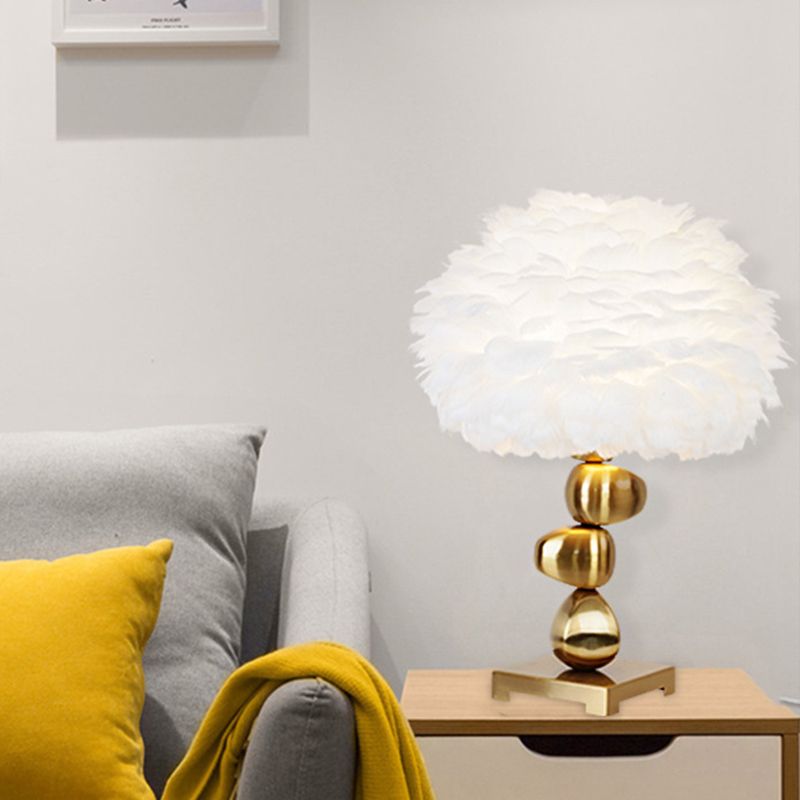 Metal Cobblestone Table Light Mid-Century Single Night Lamp with White Fluffy Feather Shade for Bedroom